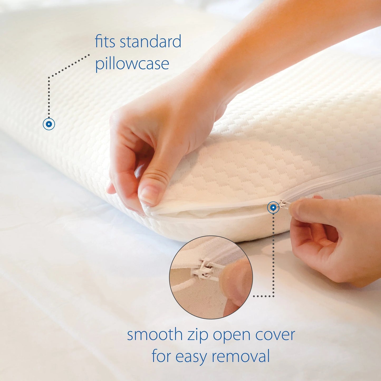 Close-up of cervical support pillow zip cover showing easy removal and smooth texture