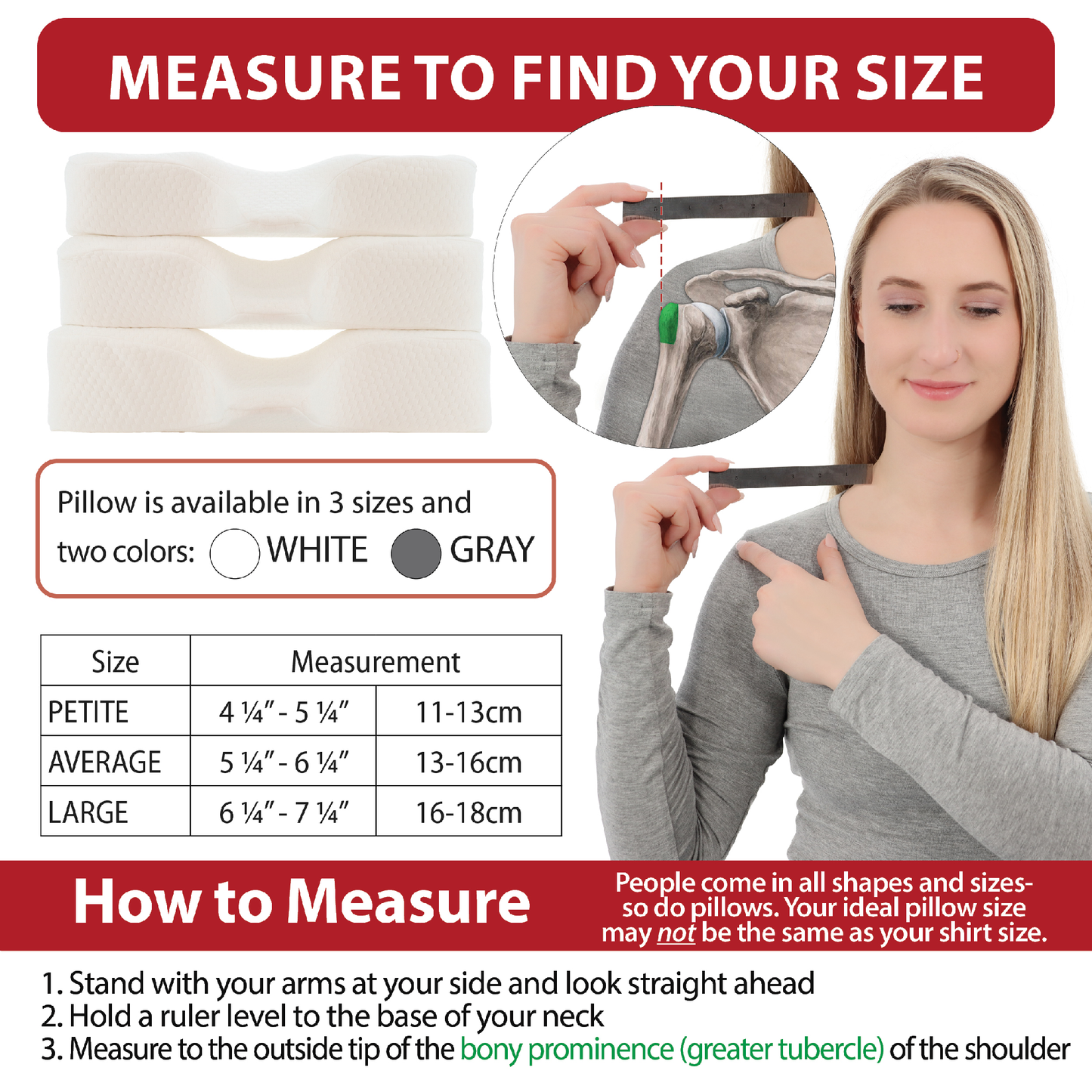 Chiropractic pillow size guide showing how to measure shoulder width for the perfect fit. Available in Petite, Average, and Large sizes in white and gray.