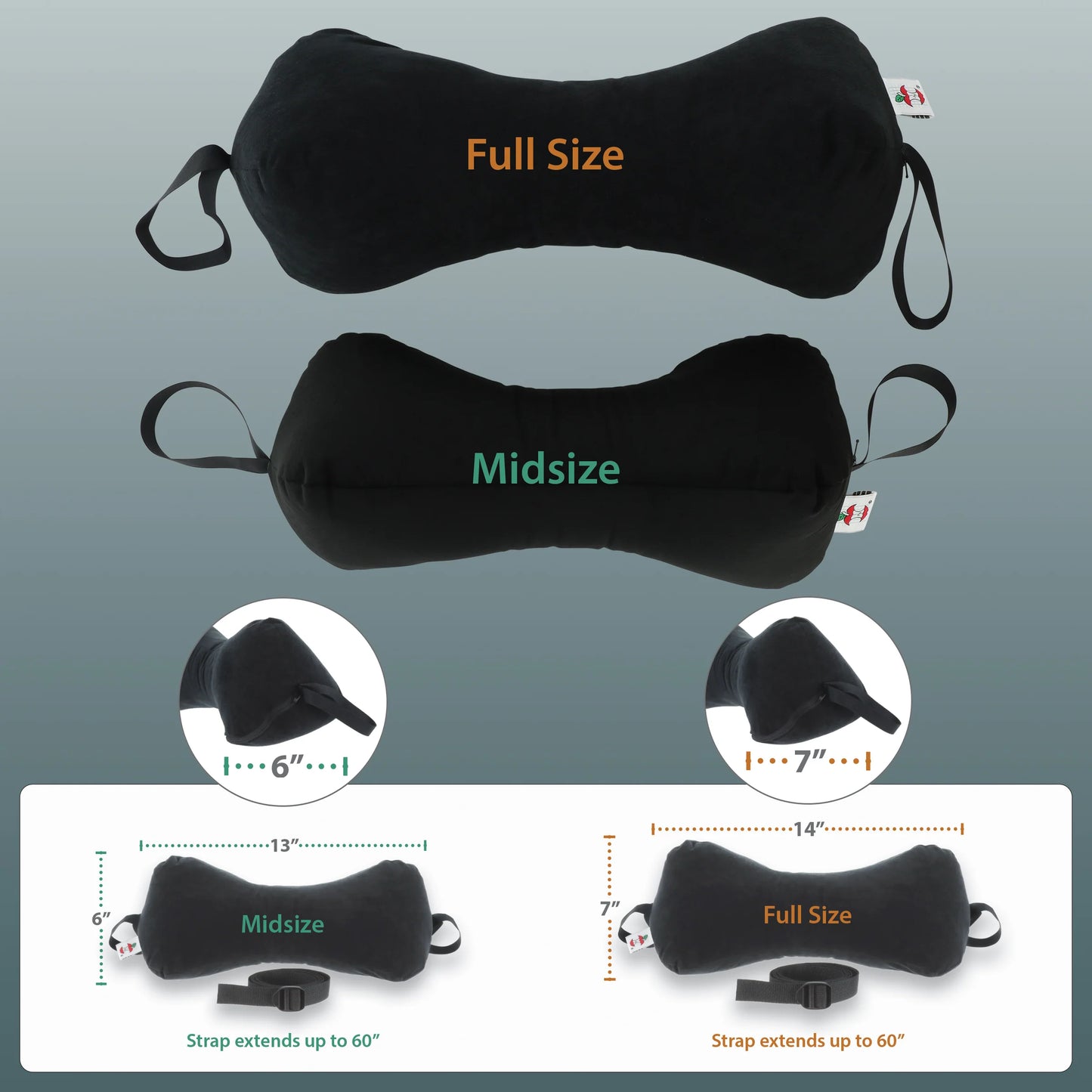 Neck support pillow size guide showing midsize and full size options with dimensions and strap length