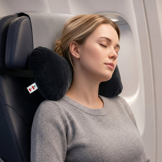 A lady sleeps peacefully on a neck pillow while on an airplane