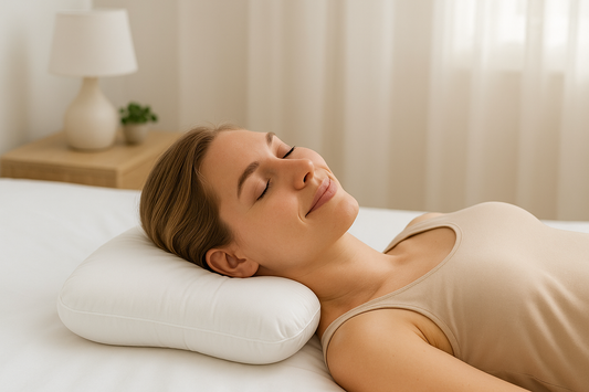 A relaxed woman sleeping comfortably on a white orthopedic pillow for neck support, showing proper head and neck alignment in a calm, softly lit bedroom.