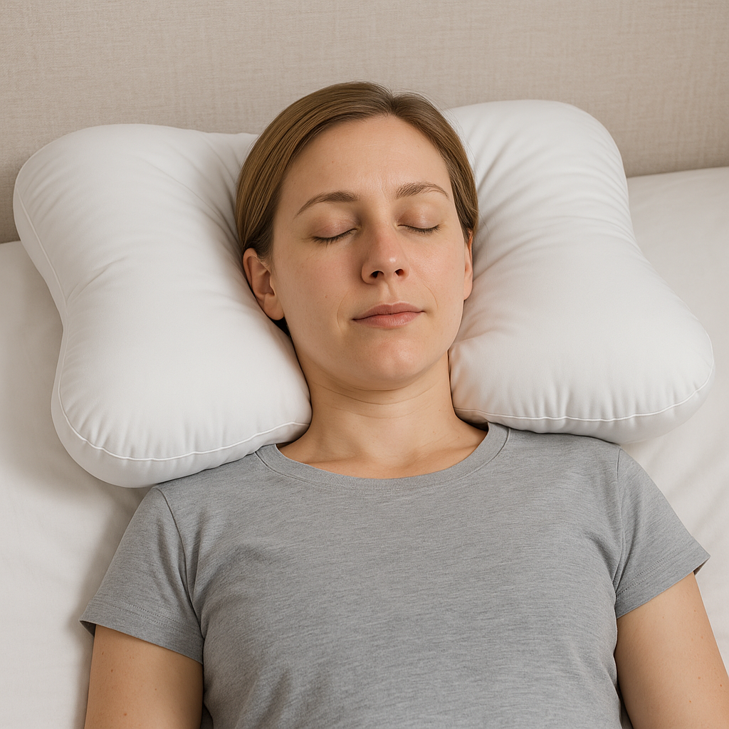 Woman lying on a cervical pillow with her head centered in the recessed area and shoulders resting flat on the bed, demonstrating proper alignment for cervical kyphosis relief.