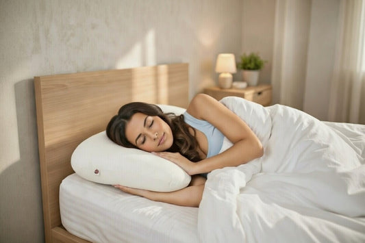 A cervical pillow helps a lady sleep better by providing perfect head, neck, and spine alignment.