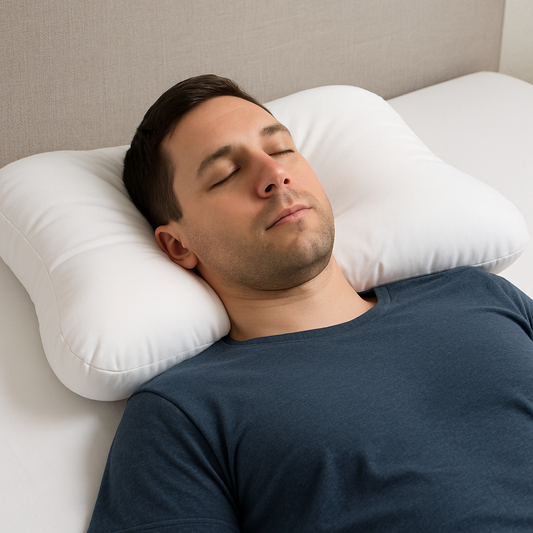 Man lying on an orthopedic cervical pillow with his head centered in the cavity and shoulders resting on the mattress, demonstrating proper alignment for supportive sleep.