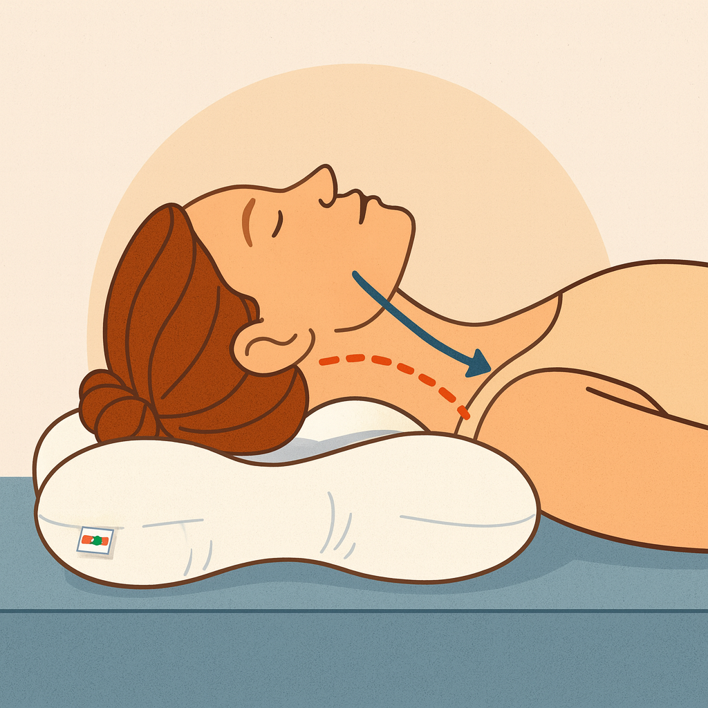 Illustration of a woman lying on a cervical pillow showing proper neck and spine alignment for back sleepers.