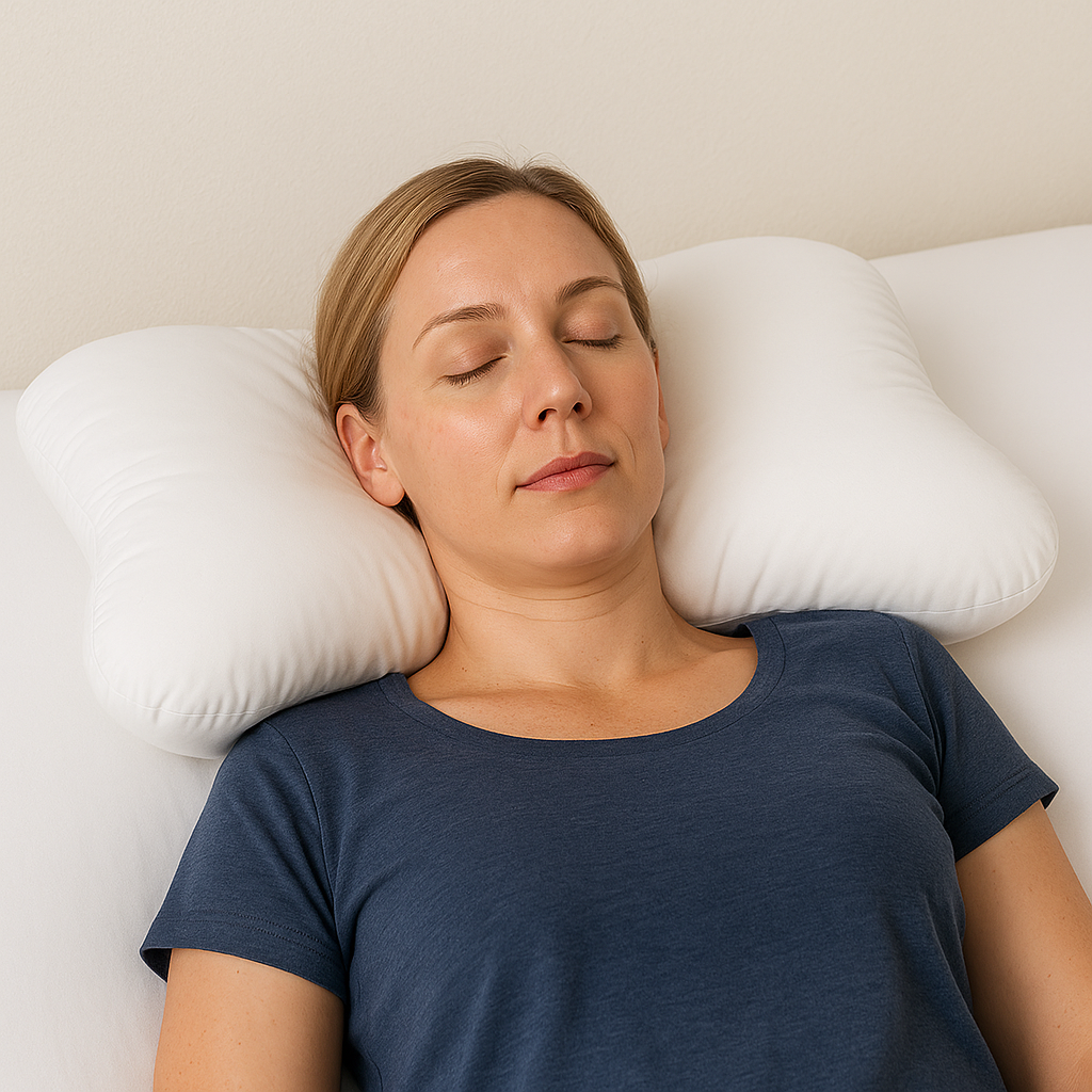 Woman resting on her back with her head centered on an orthopedic cervical pillow, showing proper sleep posture with shoulders on the mattress.