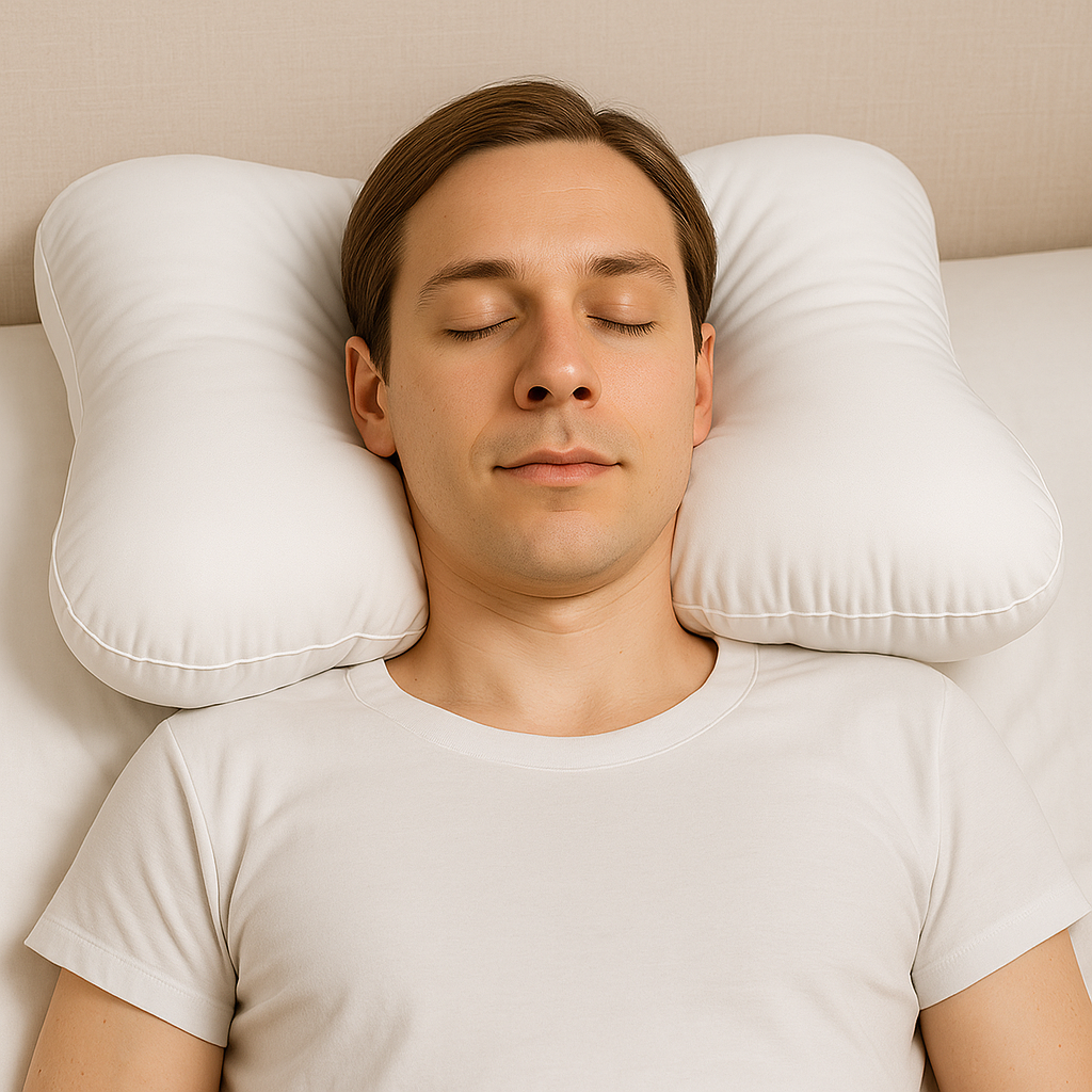 Person sleeping on their back with head centered in a cervical support pillow’s cavity, shoulders resting on the mattress for proper alignment.
