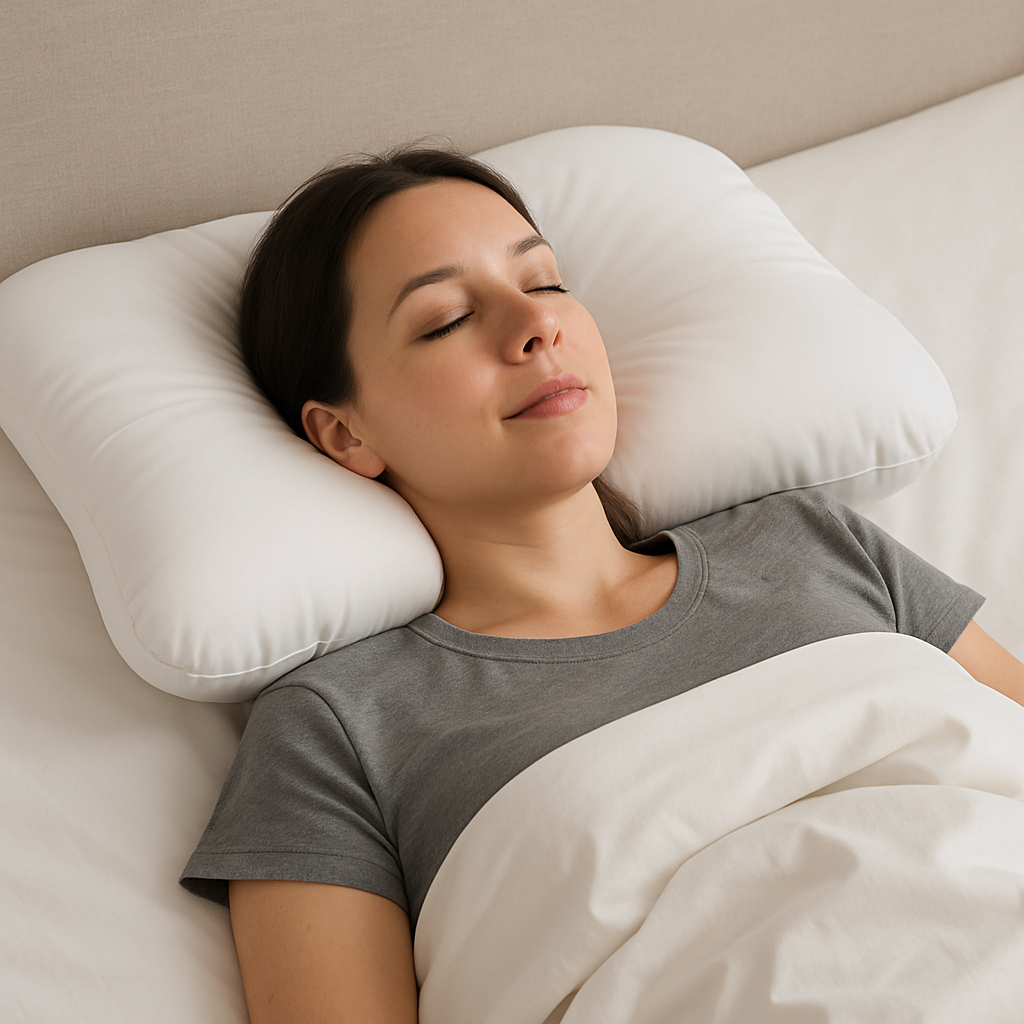 Woman demonstrating proper neck alignment on an orthopedic cervical pillow with her head in the center cavity and neck supported on the raised roll.