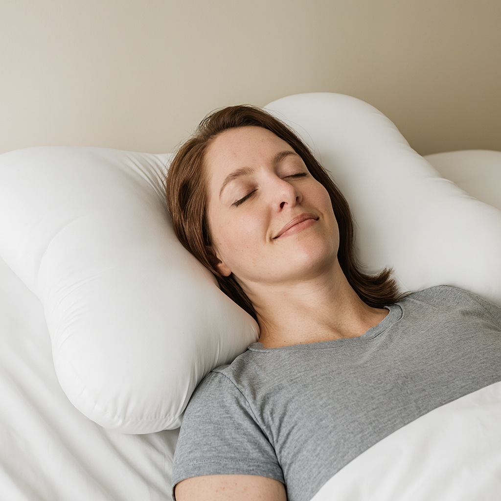 Woman resting on a contoured orthopedic cervical pillow that supports neutral spine alignment while sleeping