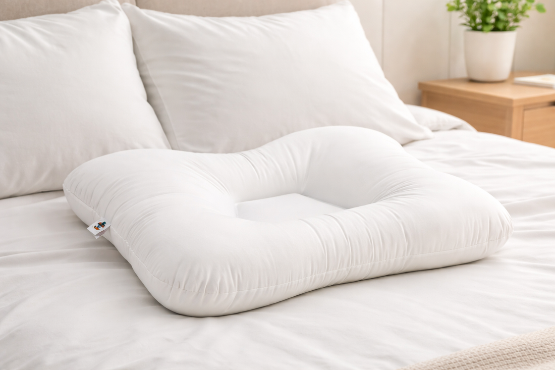 Orthopedic cervical pillow showing contoured design that supports the neck while cradling the head for natural sleep alignment