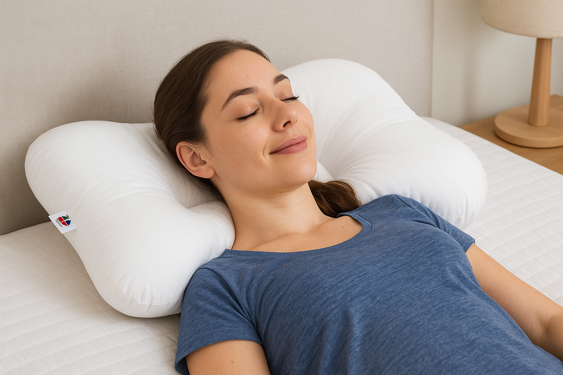 Woman lying flat on an orthopedic neck pillow with head centered and neck supported in natural alignment