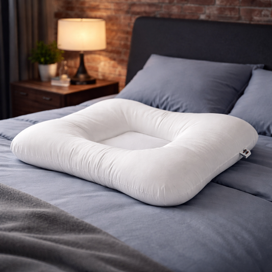 White contoured orthopedic neck pillow resting on a bed in a modern bedroom setting, designed to support the natural curve of the neck during sleep
