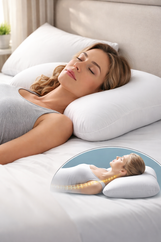 Person resting on a white orthopedic neck pillow in a bedroom setting, demonstrating natural head and neck support in a relaxed sleeping position.