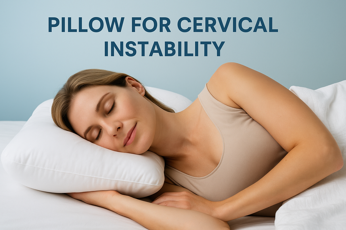 A woman sleeping peacefully on her side using a cervical pillow designed for cervical instability, showing proper neck alignment and relaxation in a calm bedroom setting.