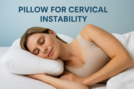 A woman sleeping peacefully on her side using a cervical pillow designed for cervical instability, showing proper neck alignment and relaxation in a calm bedroom setting.