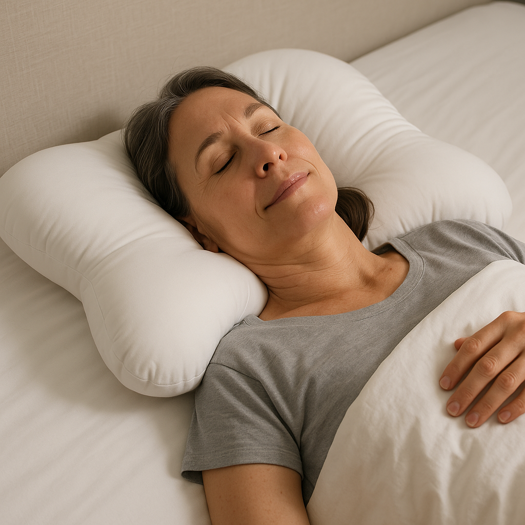 woman sleeping peacefully on an orthopedic cervical pillow designed to relieve arthritis neck pain, showing relaxed posture and proper spinal alignment in a cozy bedroom setting