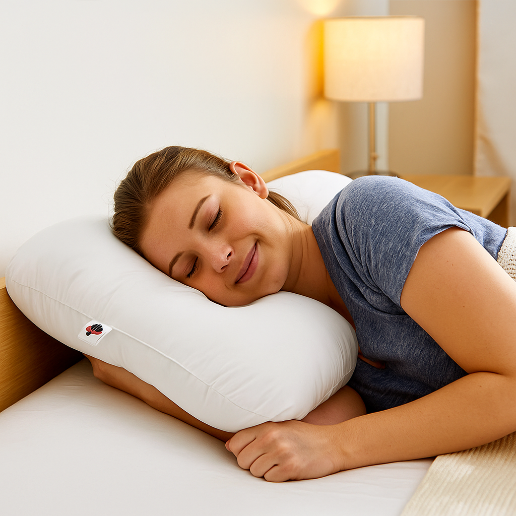 A woman resting comfortably on a white orthopedic cervical pillow in a softly lit bedroom, showing proper neck alignment and relaxation to relieve tech-neck and shoulder tension.