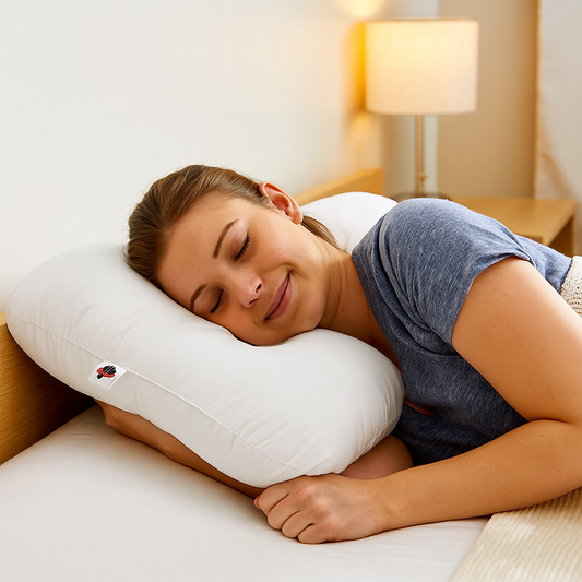 A woman resting comfortably on a white orthopedic cervical pillow in a softly lit bedroom, showing proper neck alignment and relaxation to relieve tech-neck and shoulder tension.