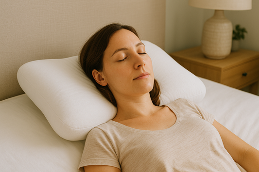 Woman resting on an orthopedic cervical pillow with her head centered to show proper neck alignment and ideal pillow height.