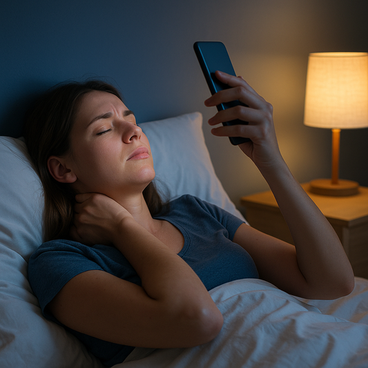 A woman lying in bed at night holding her phone above her face while touching her neck, showing how evening screen habits can contribute to neck tension and poor sleep posture.