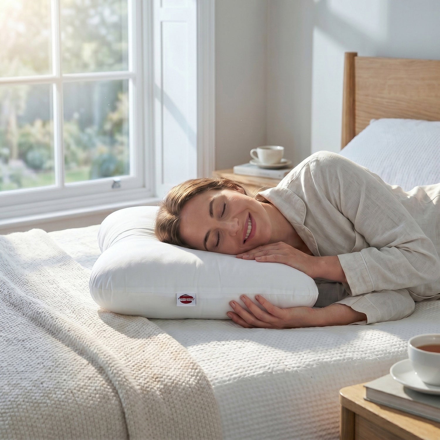 A cervical pillow supports the lady's neck properly, giving her a chance to enjoy deep, restorative rest.