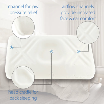Cervical support pillow showing airflow channels, jaw pressure relief, and head cradle for ergonomic alignment