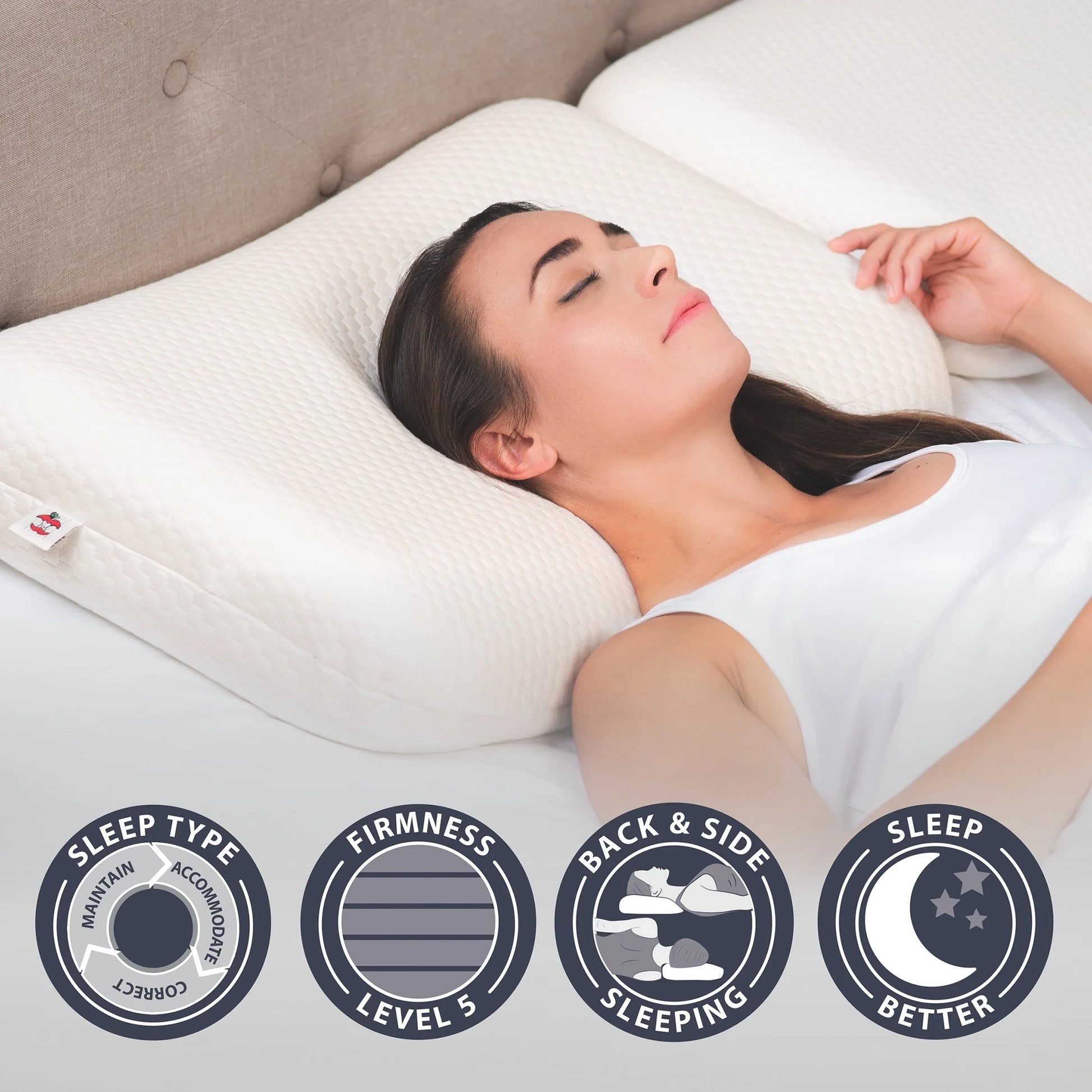 Woman sleeping comfortably on cervical support pillow that maintains head, neck, and spine alignment
