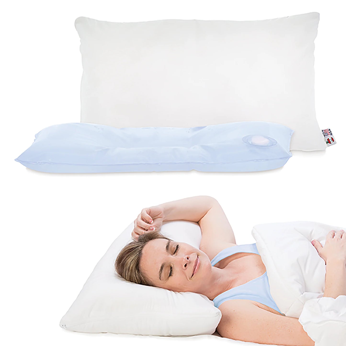 Composite photo showing the water pillow with its water bladder alongside a person sleeping on the pillow, demonstrating how it supports both side and back sleeping positions.