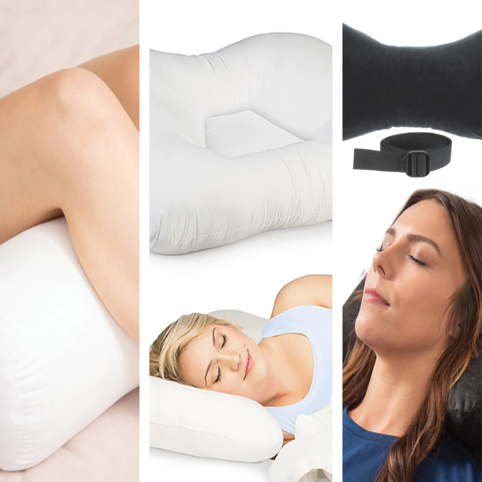 Alignment support bundle showing cervical pillow for neck alignment and support pillow used under knees and legs for full-body comfort
