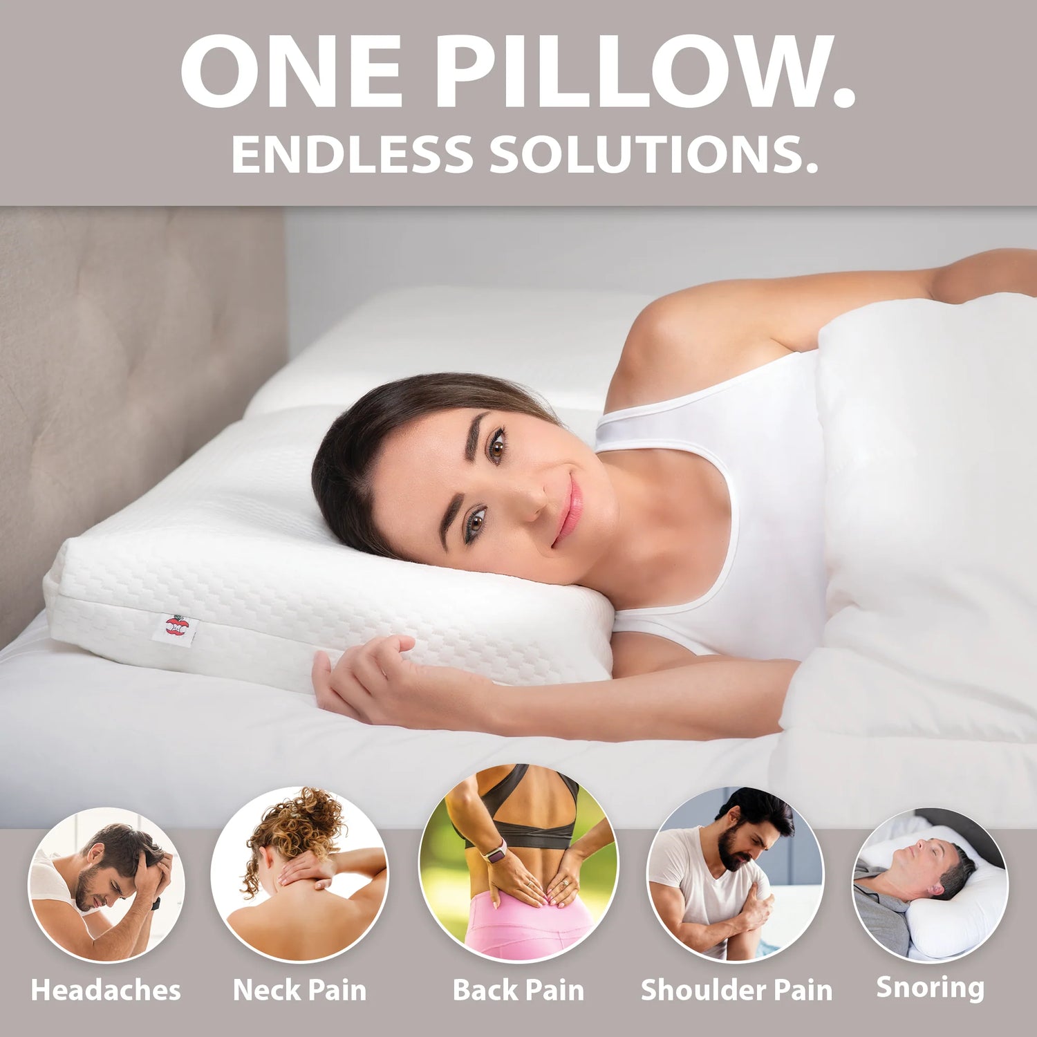 Woman sleeping comfortably on a cervical neck pillow designed to relieve neck, shoulder, and back pain for deeper sleep.