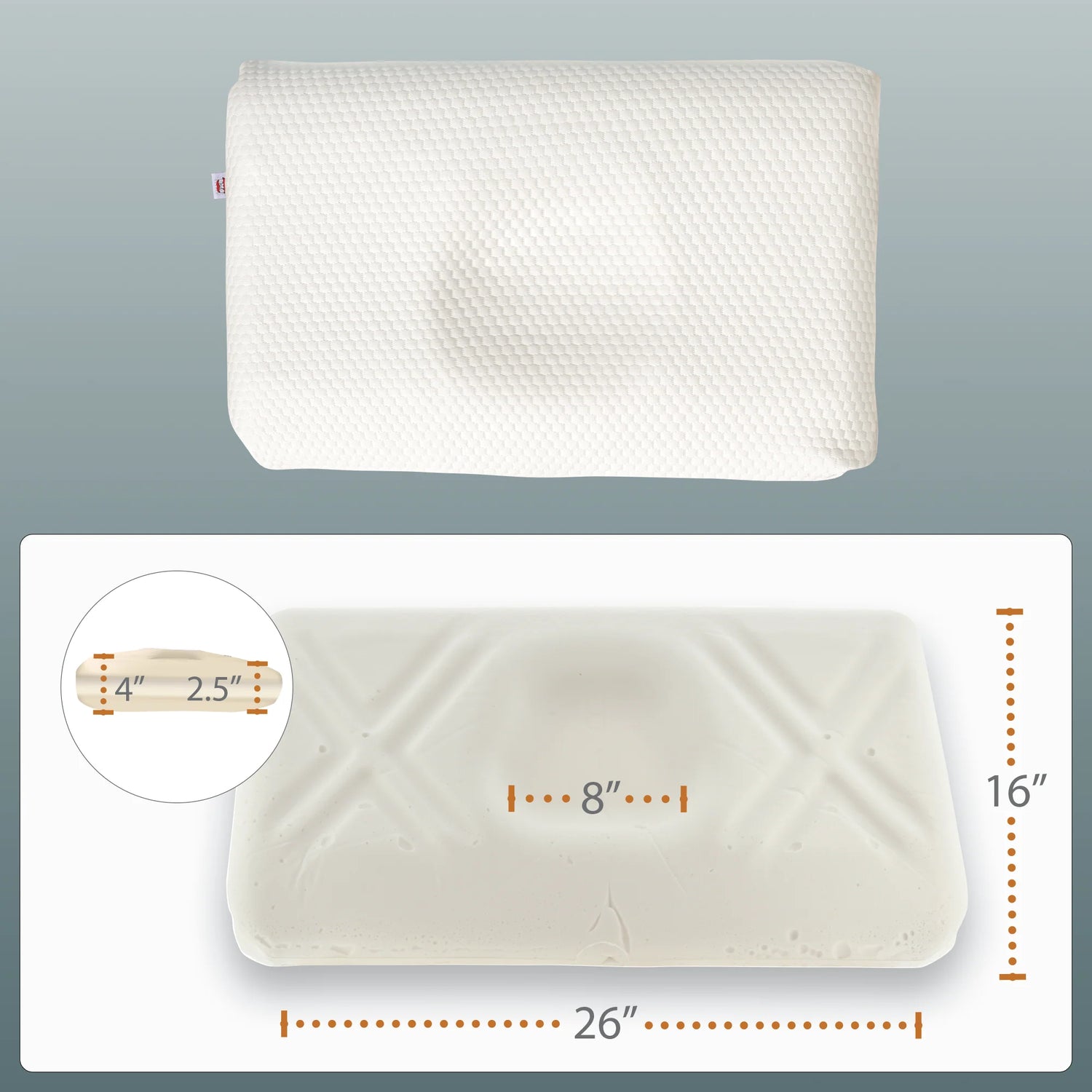 Cervical pillow dimensions showing contoured shape, neck roll sizes, and ergonomic design for optimal neck alignment and support.