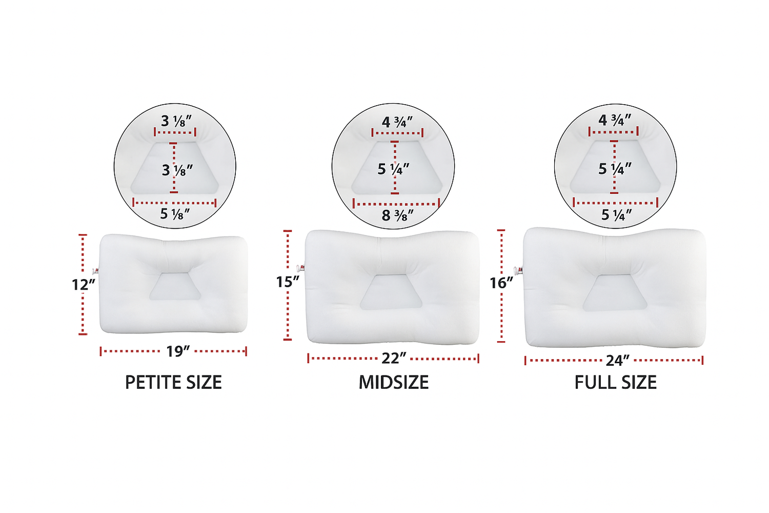 Comparison chart showing three orthopedic neck pillows in petite, midsize, and full sizes with clear measurements in inches, highlighting differences in pillow width, height, and center contour depth for proper cervical support.
