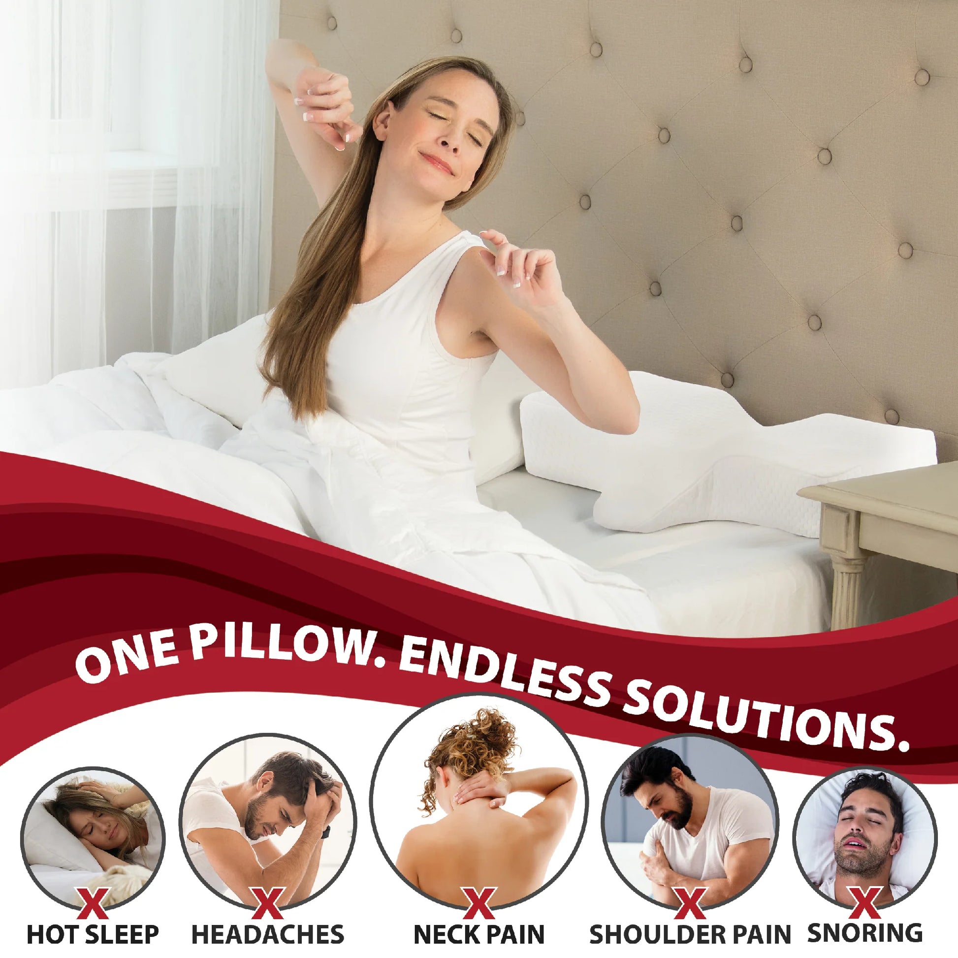 A woman wakes up refreshed after sleeping on a chiropractic pillow, with icons below showing how it helps reduce hot sleep, headaches, neck pain, shoulder pain, and snoring — highlighting the pillow’s all-in-one support and comfort benefits.