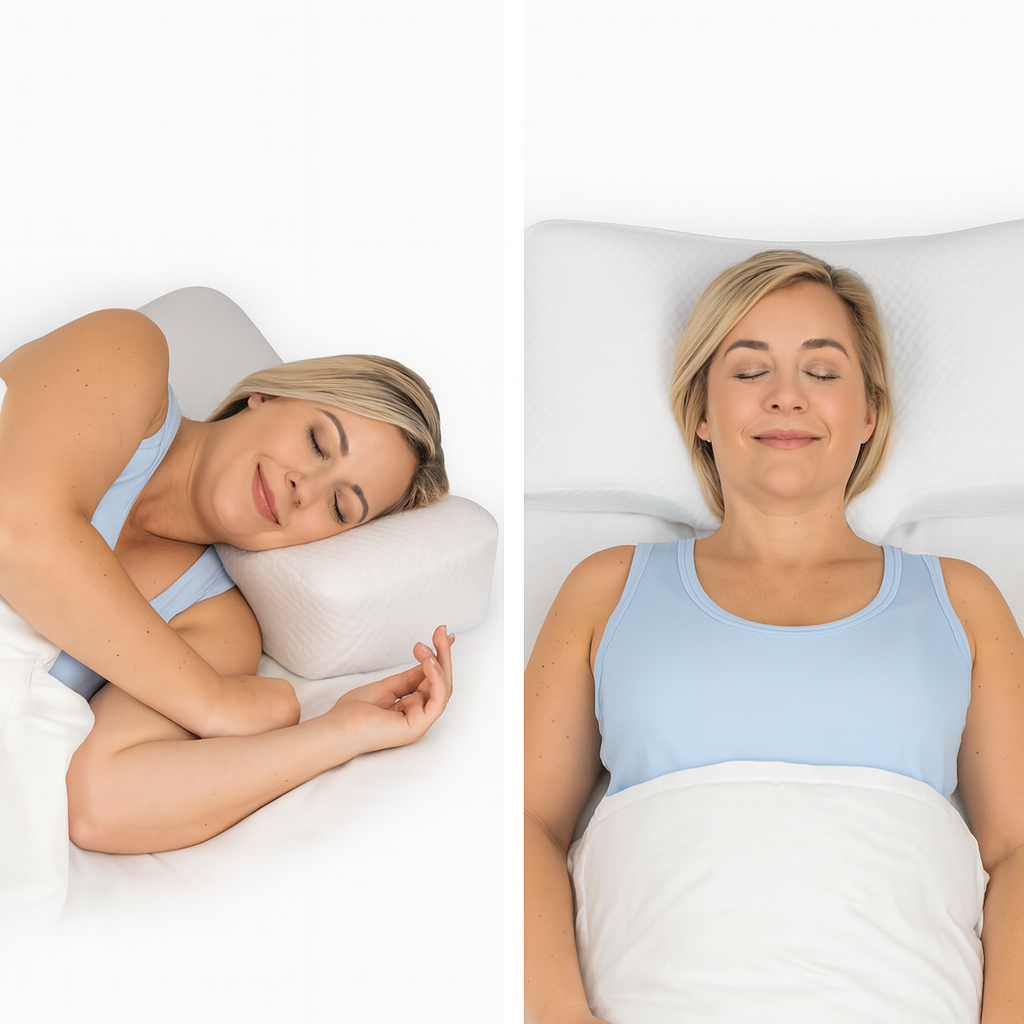 A blonde woman sleeps comfortably on a white contoured chiropractic pillow, shown in two positions—on her side and on her back—demonstrating the pillow’s ergonomic support for both sleeping styles.