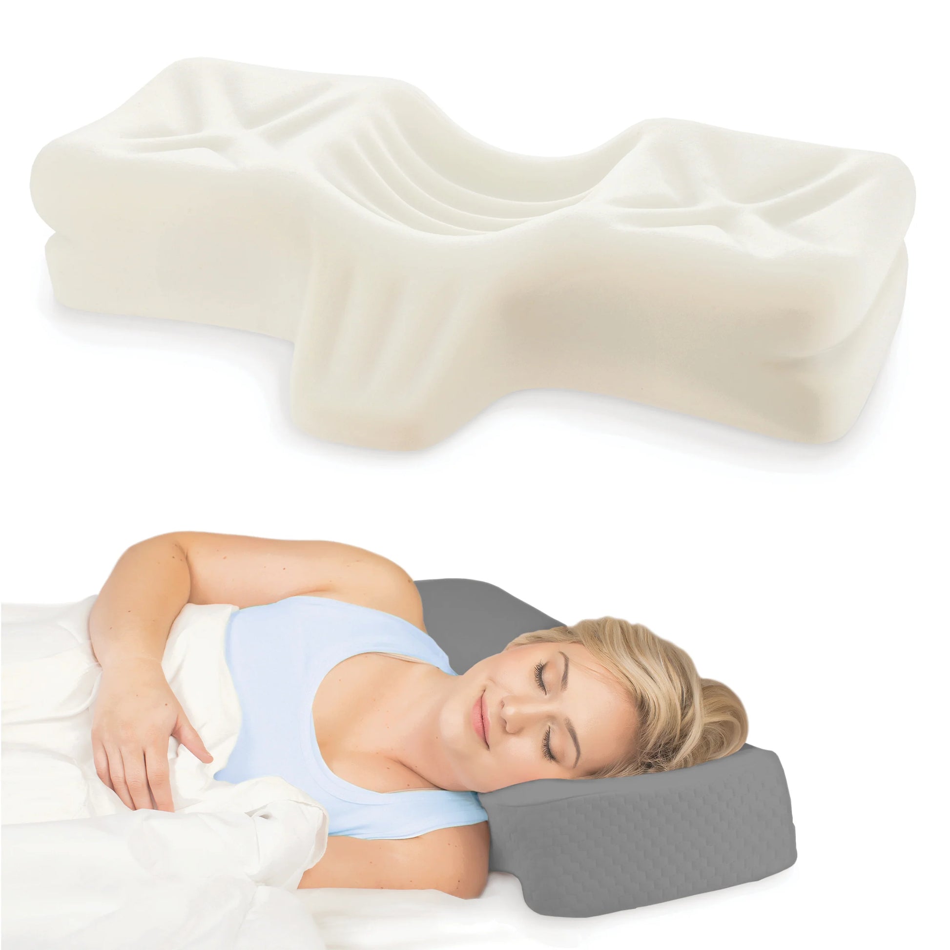 Woman sleeping comfortably on a chiropractic pillow that aligns her head, neck, and spine for better posture and pressure relief.