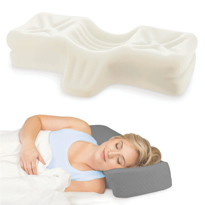 Woman sleeping comfortably on a chiropractic pillow that aligns her head, neck, and spine for better posture and pressure relief.
