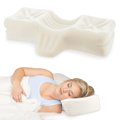 Woman sleeping comfortably on her side using a chiropractic pillow that cradles the head and neck, showing proper spinal alignment for improved sleep posture.