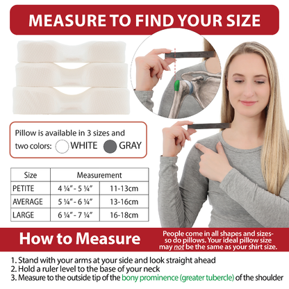 Chiropractic pillow size guide showing how to measure shoulder width for the perfect fit. Available in Petite, Average, and Large sizes in white and gray.