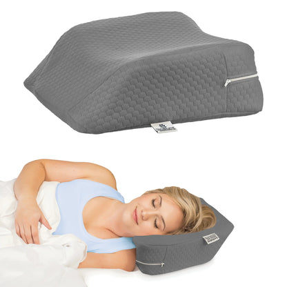 gray Orthopedic Travel Pillow for Neck Pain Relief supporting a side sleeper’s head and neck for better posture and alignment