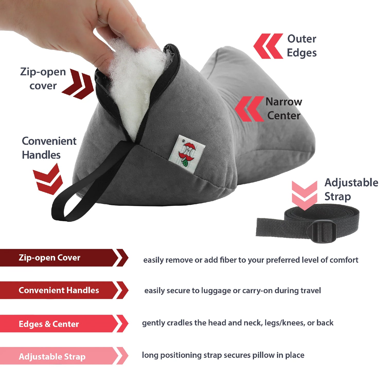 Neck support pillow with zip-open cover, adjustable fiber fill, positioning strap, and built-in carry handles shown in detail