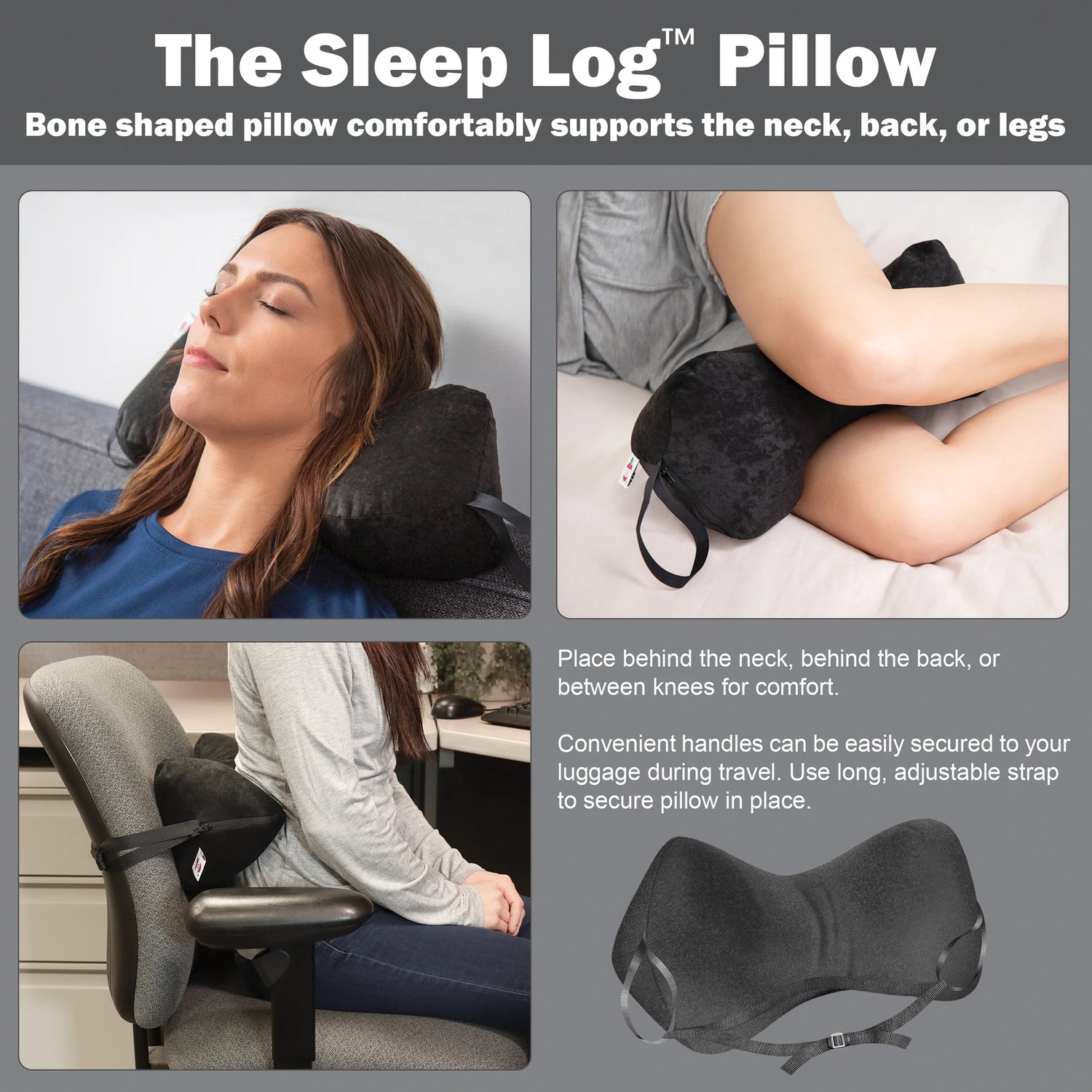Bone-shaped neck support pillow shown supporting the neck, between the knees, and on an office chair for everyday comfort