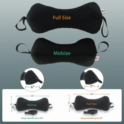 Neck support pillow size guide showing midsize and full size options with dimensions and strap length