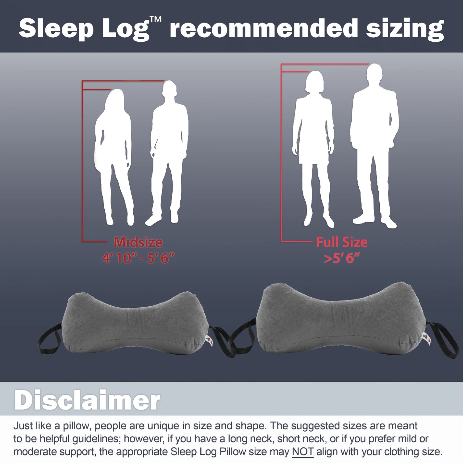 Sleep Log neck support pillow sizing guide showing midsize and full size options based on user height
