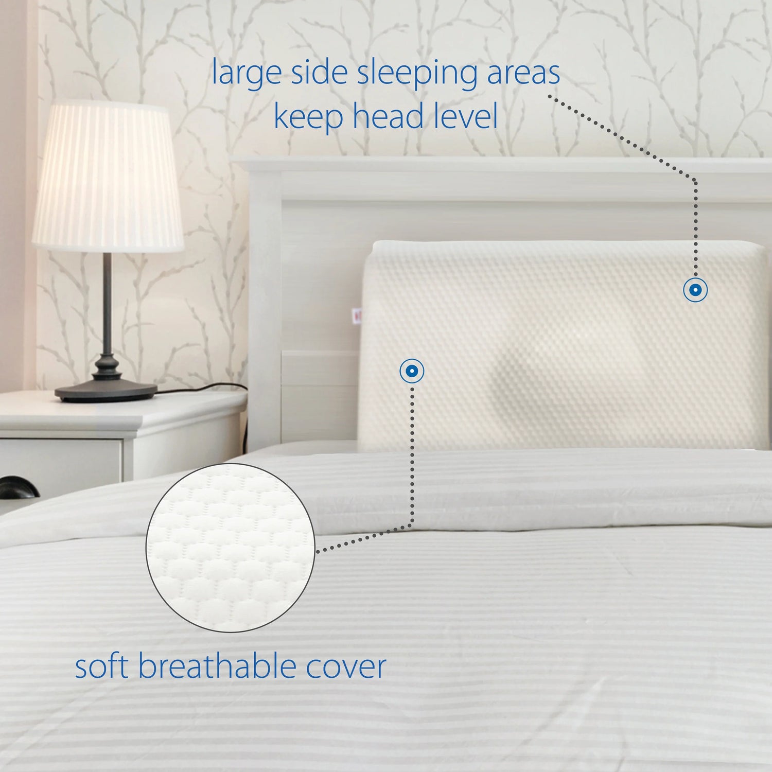 Orthopedic cervical pillow showing soft breathable cover and large side sleeping areas that keep the head level and aligned.