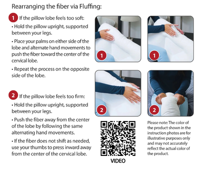 Orthopedic neck pillow showing fiber filling for neck pain relief, ergonomic support, and comfortable sleep for side and back sleepers