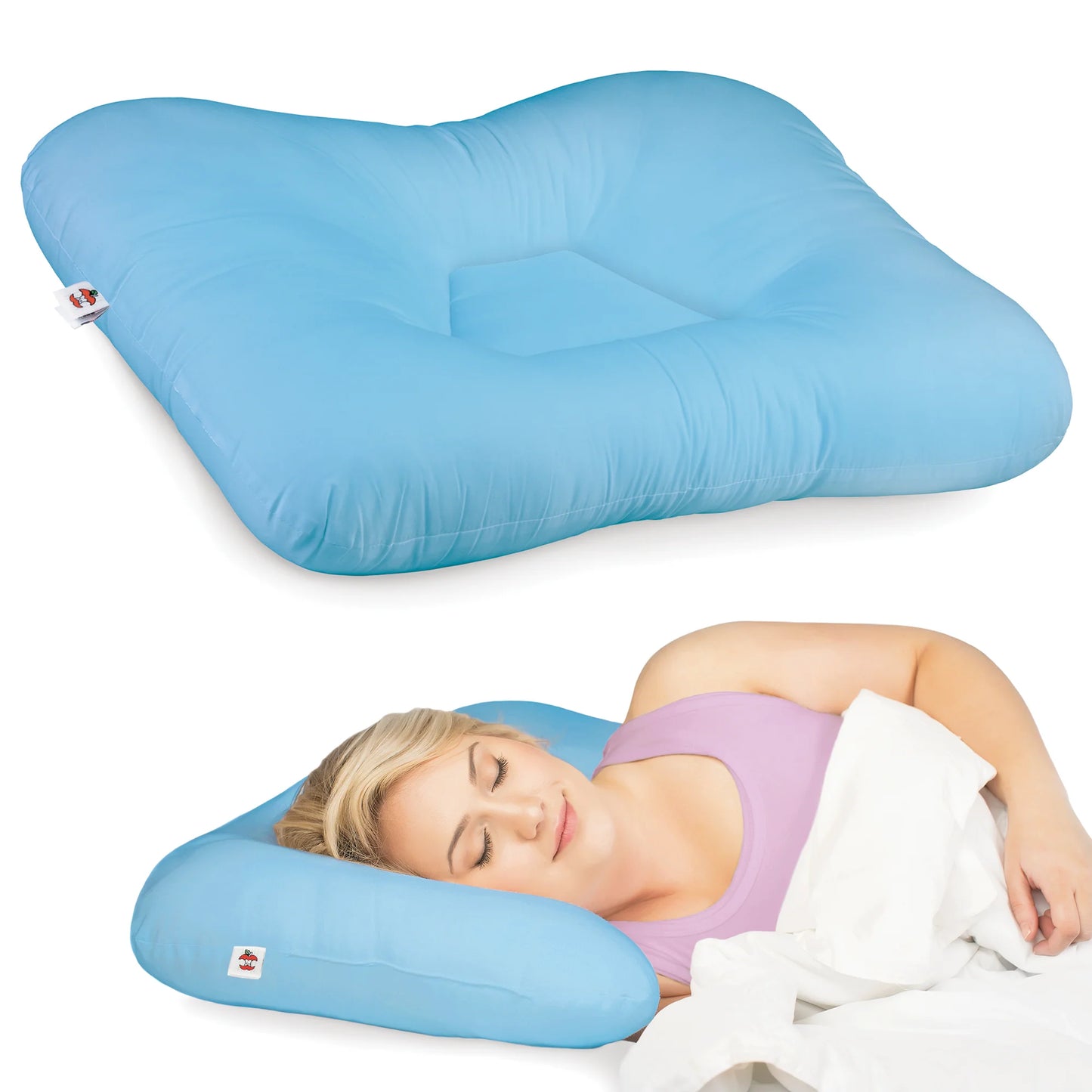 Woman resting comfortably on a blue orthopedic neck pillow that contours to the natural curve of her neck, showing how proper cervical support improves posture and reduces neck strain during sleep.