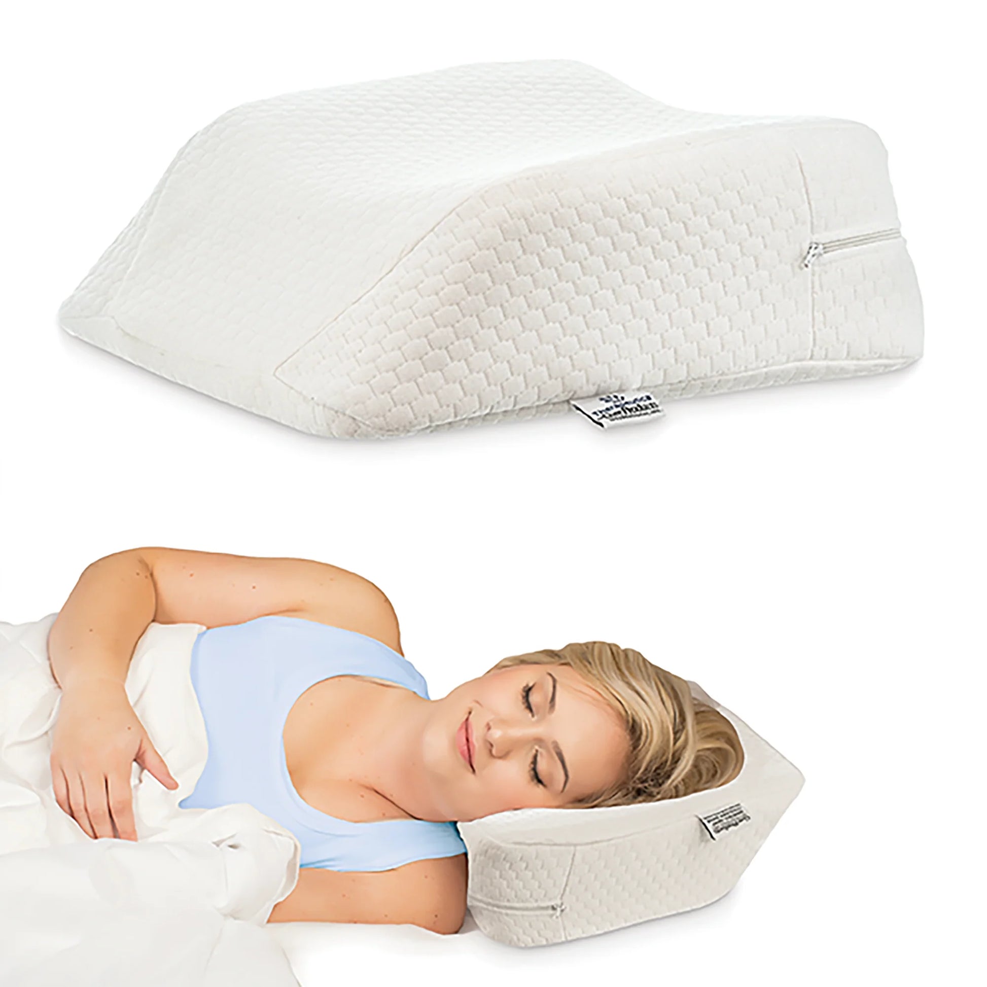 woman sleeping comfortably on an Orthopedic Travel Pillow for Neck Pain Relief, showing proper neck and spine alignment during side sleep