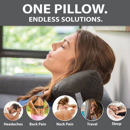 Versatile neck support pillow shown supporting the neck during rest, travel, and everyday relaxation