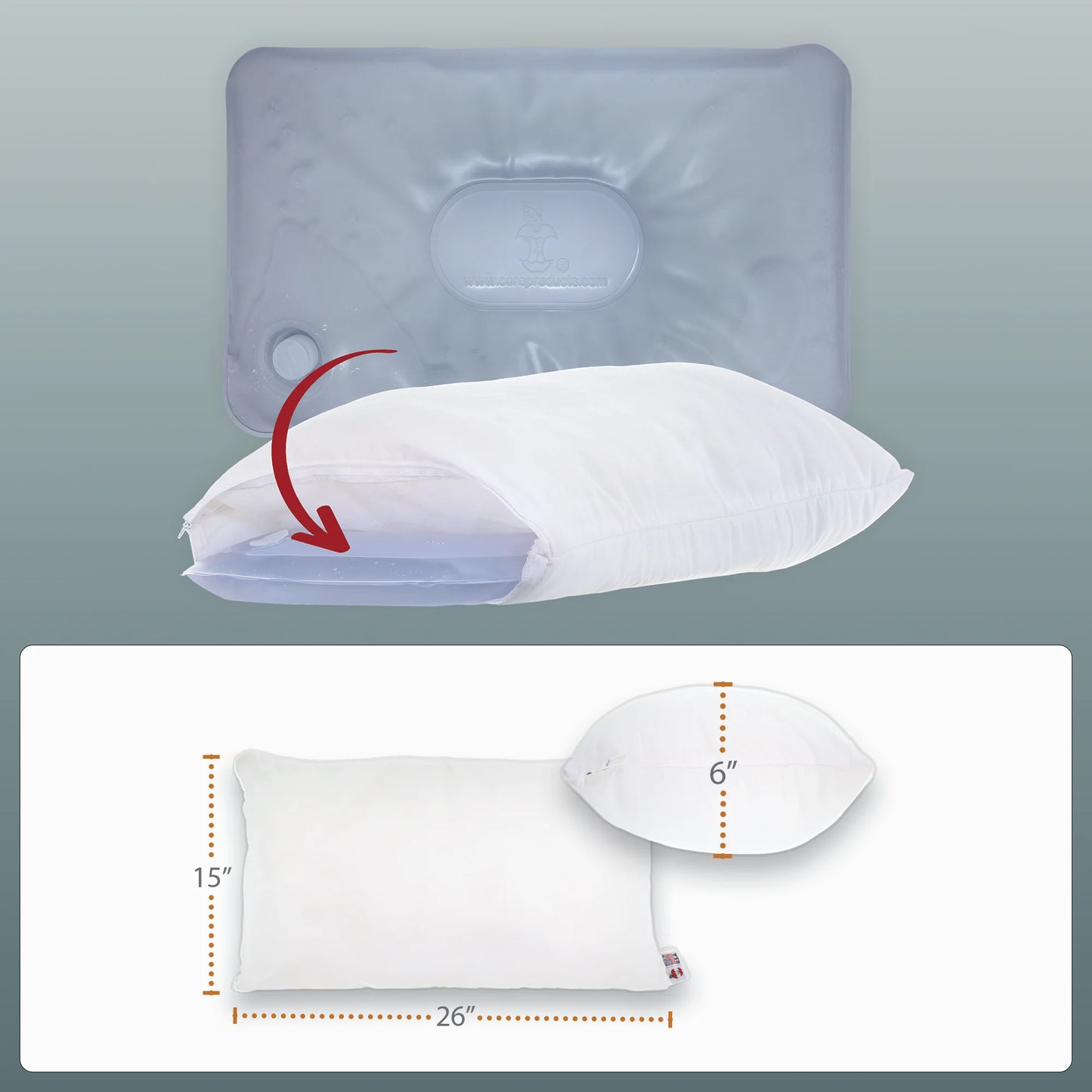Graphic showing the 26‑inch by 15‑inch water pillow with its removable water bladder being inserted; measurements and arrows illustrate how the adjustable chamber fits inside the pillow
