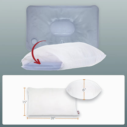 Graphic showing the 26‑inch by 15‑inch water pillow with its removable water bladder being inserted; measurements and arrows illustrate how the adjustable chamber fits inside the pillow